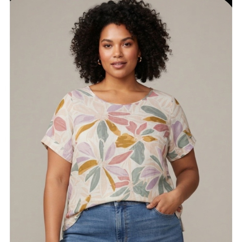 Nicole Miller New York Womens 1X Linen Floral Scoop Neck Short Sleeve Blouse